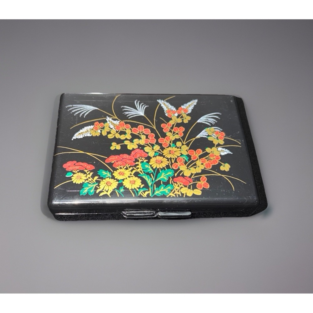 Vintage 70s  Asian Lacquered Jewelry Box W Mirror & Beautiful Floral Design